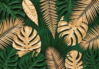 Creative nature background. Gold and green tropical palm leaves. Minimal summer abstract jungle or forest pattern. White paper frame copy space.