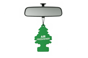 Car air freshener hanging on a rear-view mirror, cleaning automobile interior, refreshing scent neutralizer