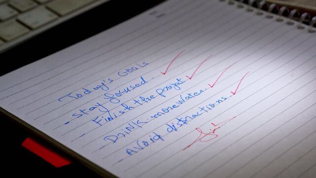 Close-up of a handwritten to-do list with red check marks. Symbol of productivity, motivation, organization, focus, and achieving daily goals in business or lifestyle.