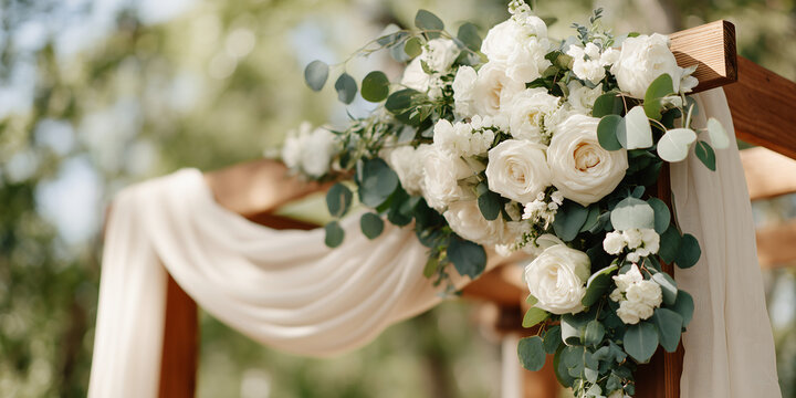 A floral arrangement adorns a wedding arch, symbolizing new beginnings and celebration. The image showcases elegant details