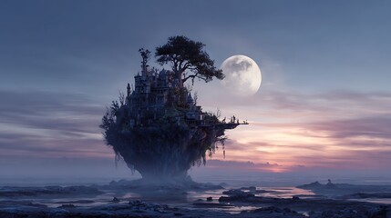 Fantasy Island Castle Tree Moon Sky Water Nature Tranquility Dream