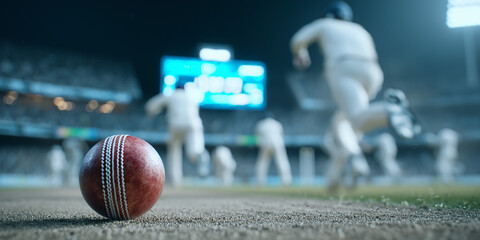 A close-up shot of a cricket ball on the pitch with players in action during a match