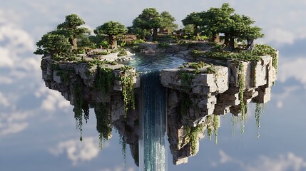 Floating Island Lush Greenery Waterfall Clear Water Dreamy Landscape Render