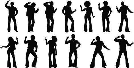 Disco dance silhouette set featuring retro poses, expressive movements, vintage fashion, energetic gestures, and classic 1970s party dance styles.