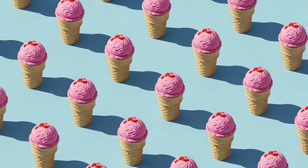 Trendy sunlight Summer pattern made with pink strawberry ice cream on bright light blue background. Minimal summer concept.