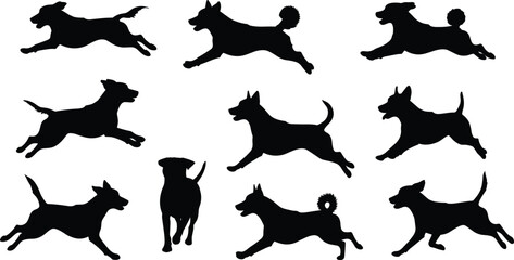 Silhouettes of running and leaping dogs in dynamic motion poses for pet vector illustration, design elements, and animal-themed artwork