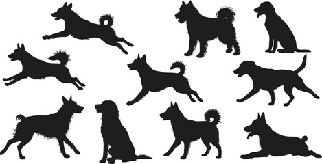 Dog breed silhouettes in various poses including sitting, running, standing, and lying down for pet vector illustration and design use