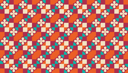 A seamless geometric pattern with stylized floral tile motifs in vibrant orange, teal, and cream tones. The retro-inspired design combines symmetry and color contrast