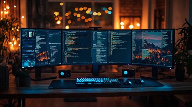 Modern workspace with triple monitors and ambient lights