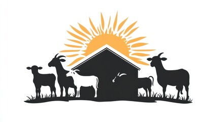 Farm animals stand near barn at sunrise; graphic use for farm related themes