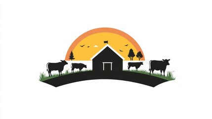 Cows in field silhouette near barn at sunset on farm graphic for print