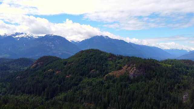 Aerial tracking drone shot of forested mountains