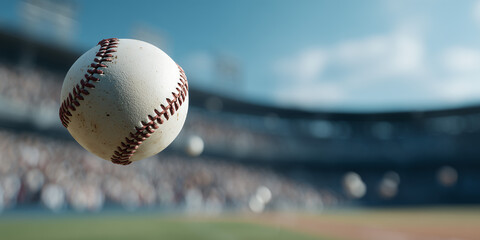 A baseball soaring through the air above a blurred stadium setting, capturing a moment of thrilling game play