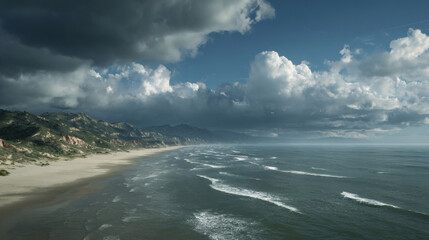 Dark storm front in the distance over a long coastline without cropped features and sandy beach