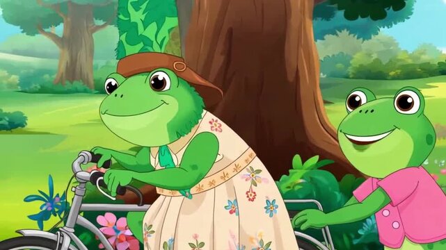 A cartoon-style animated video shows two friendly green frogs, one in a floral dress and hat riding a bicycle and another in a pink shirt pushing or walking beside it, in a bright forest or park setti