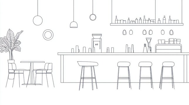 Minimalist bar interior design blueprint, with bar, seats, and table