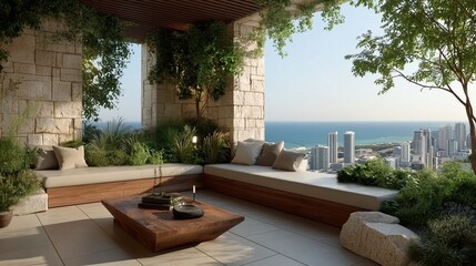 Luxurious Urban Terrace with Scenic Views and Plush Seating in a Green Oasis