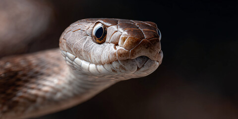 Naklejka premium Close-up of a snake's head with piercing eyes, capturing the beauty of reptilian nature. The snake's scales shimmer and its eyes are intense
