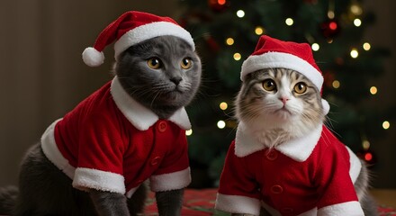 Two cats dressed in santa outfits posing in front of a christmas tree with christmas ornaments on it