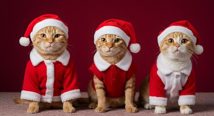 Three cats dressed in santa costumes posing against a red background for christmas holiday season
