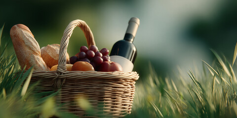 A picnic basket filled with delicious food and a bottle of wine sits in a grassy field, promising a delightful outdoor meal. The setting is ideal for a relaxing day