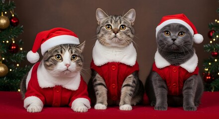 Three cats wearing santa costumes sitting in front of christmas trees on a red surface backdrop