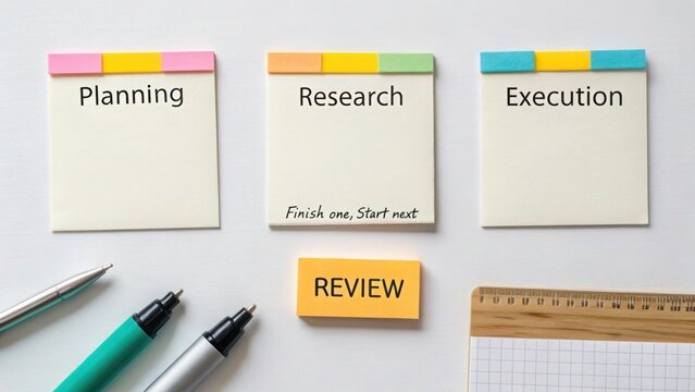 Index Cards with Colorful Corners Representing Stages of Work