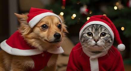 A dog and a cat wearing santa outfits posing in front of a christmas tree with bokeh lights behind them