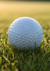 Obraz premium Close-up of golf ball on dewy grass at sunrise highlighting texture and detail