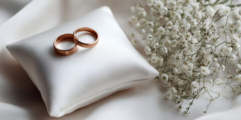Two golden wedding rings rest upon a white satin pillow, alongside delicate flowers, symbolizing love and commitment
