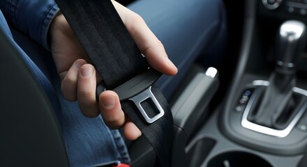 Closeup of young adult male buckling seatbelt in car interior for safety