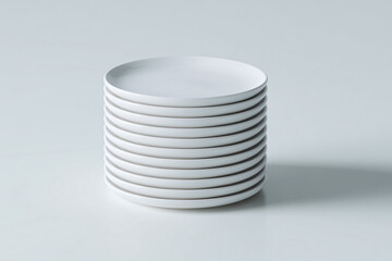 A stack of clean, white plates, ready for a meal. The simple design and arrangement of the plates creates a sense of order and readiness. 
