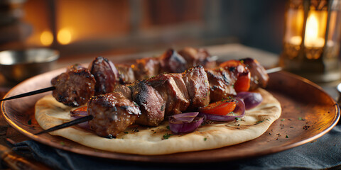 Grilled skewers of meat and vegetables on a plate