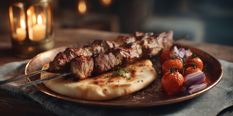 Delicious kebab skewer with bread, vegetables and candle light. A plate with grilled meat and vegetable on a wooden table, illuminated by a warm candle light