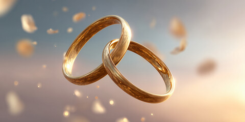 Two gold wedding rings intertwined, symbolizing love and commitment, with petals gently falling in the background