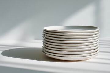 A stack of pristine white plates under soft, natural light. The smooth surfaces of the plates are neatly arranged, creating a clean and minimalist aesthetic