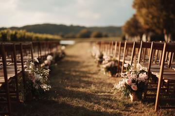 An idyllic outdoor wedding ceremony with a path lined with chairs and flower arrangements, surrounded by natural beauty