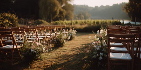 An inviting outdoor wedding ceremony setup, featuring rows of wooden chairs arranged on the grass, adorned with floral arrangements, leading towards a scenic backdrop
