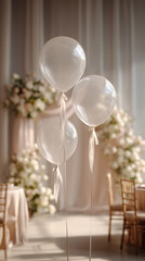 Three transparent balloons floating in an elegant room, next to the flowers