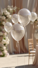 A cluster of transparent balloons adds an ethereal touch to an elegant gathering, with subtle floral arrangements. The clear balloons gracefully hover, casting a soft, dreamy ambiance.