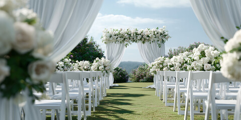 A beautifully decorated wedding ceremony setup with white floral arrangements. An elegant wedding arch adorned with flowers stands amidst rows of white chairs