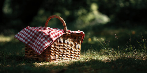A charming picnic basket resting on a bed of grass under the shade of trees. The basket is partially covered with a red checkered cloth, hinting at a delightful meal within