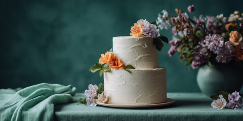 A beautifully decorated cake adorned with flowers, next to a vase of vibrant blooms, creating a delightful scene. Perfect for celebrations, weddings, or any special occasion.