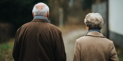 A senior couple strolls down a path, enjoying a walk outdoors. The pair, dressed in warm attire, walks through a peaceful setting
