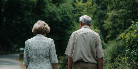An elderly couple is taking a walk on a tree-lined road, with their backs to the viewer, conveying a sense of companionship and shared journey through life.