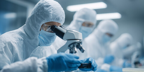Scientists in protective suits working diligently with microscopes in a laboratory setting. They appear focused and dedicated to their scientific pursuits