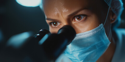 Close-up shot of a focused female medical professional looking through a microscope