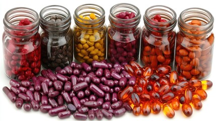 Jars and pills colorful capsules, open jars on white