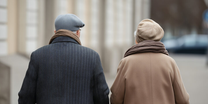 An elderly couple walks hand in hand down a street in companionship. A heart warming view of an old man and woman strolling along a city street, representing love and life - Powered by Adobe