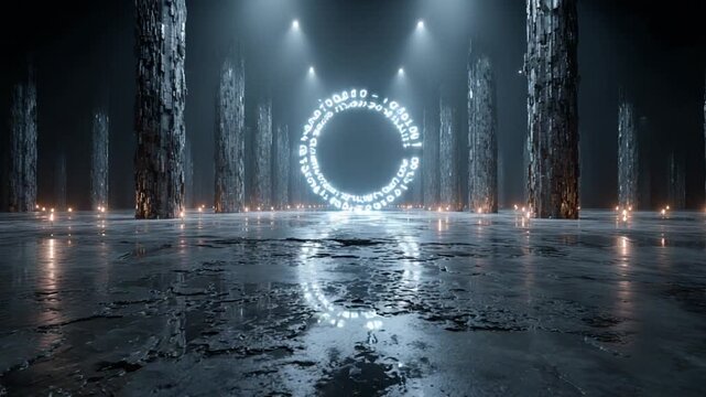 Mysterious glowing portal in a stone cavern setting